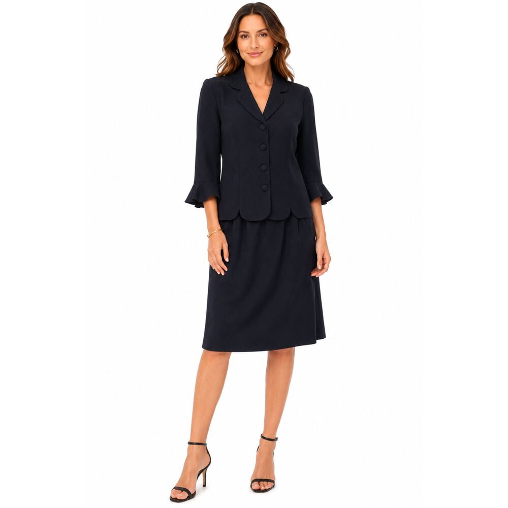 VTG Leslie Fay Womens Black Ruffle Sleeve Blazer & Midi Pencil Skirt Suit Set 10